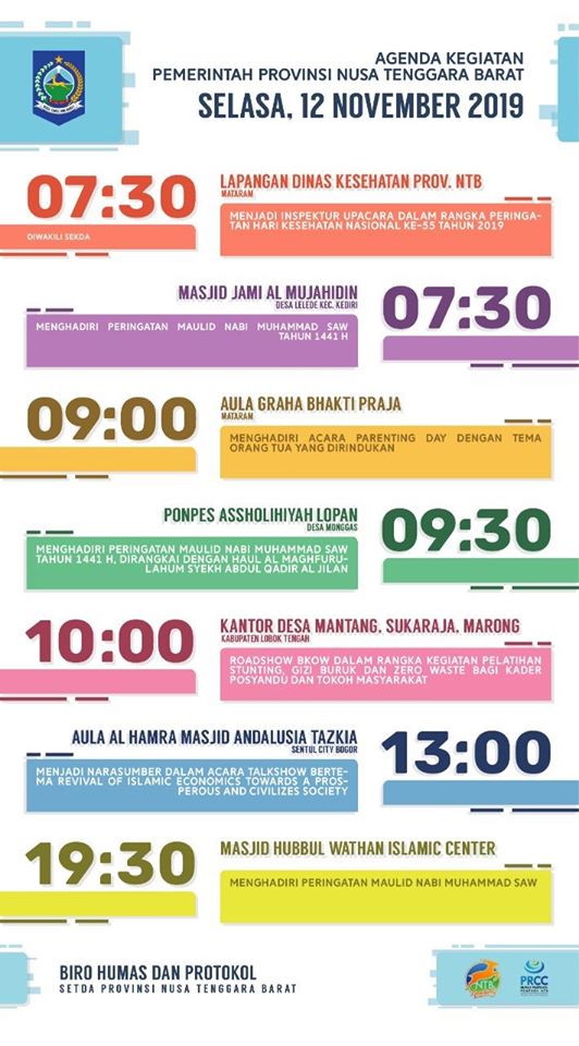 Agenda Pemerintah Provinsi NTB, Selasa 12 November 2019