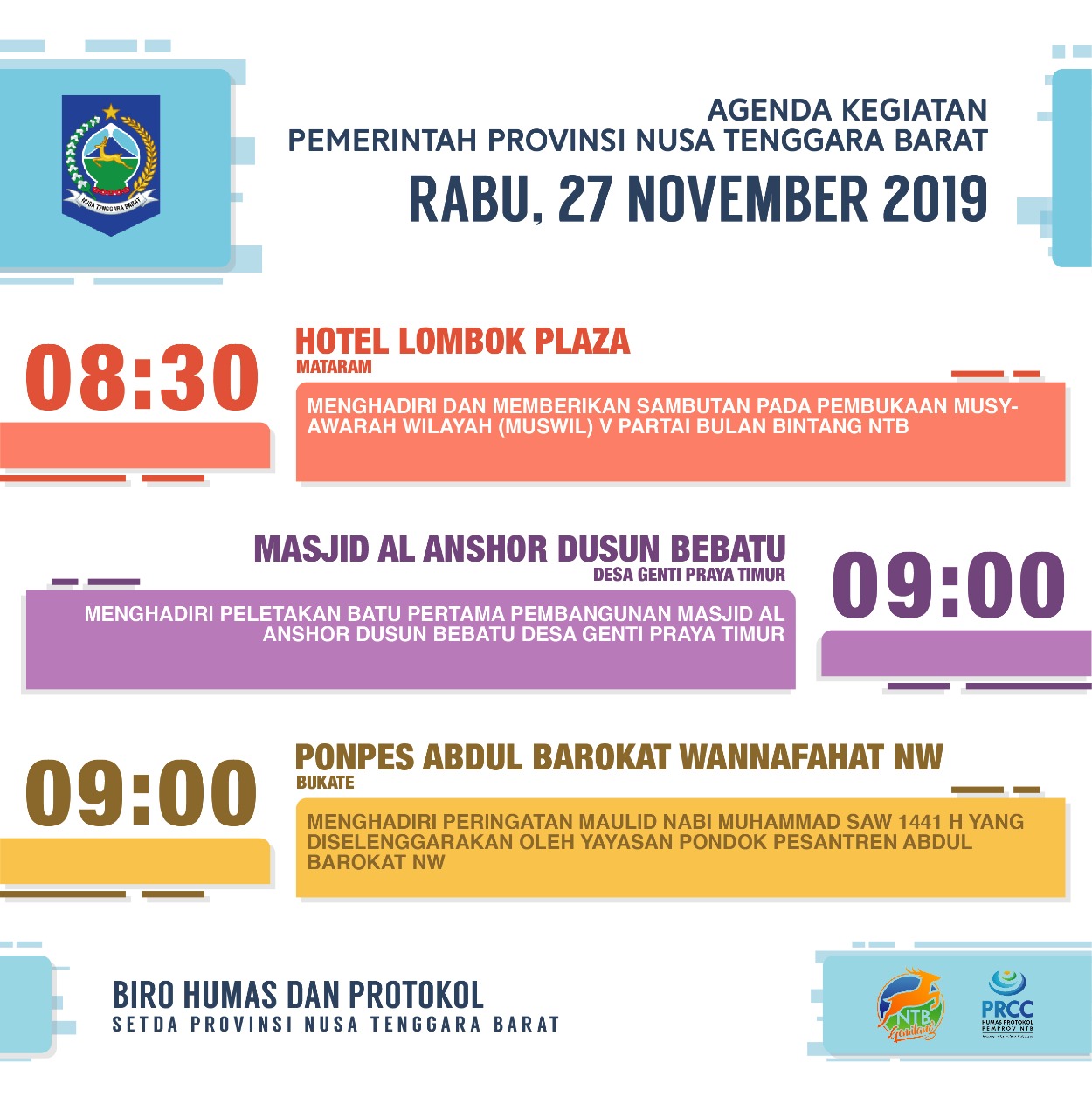 AGENDA KEGIATAN PEMERINTAH PROVINSI NTB, Rabu 27 November 2019