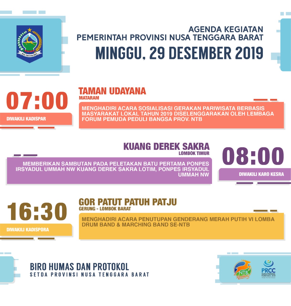 AGENDA KEGIATAN PEMERINTAH PROVINSI NTB, Minggu 29 Desember 2019