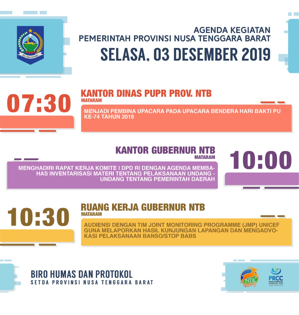 AGENDA KEGIATAN PEMERINTAH PROVINSI NTB, Selasa 3 Desember 2019