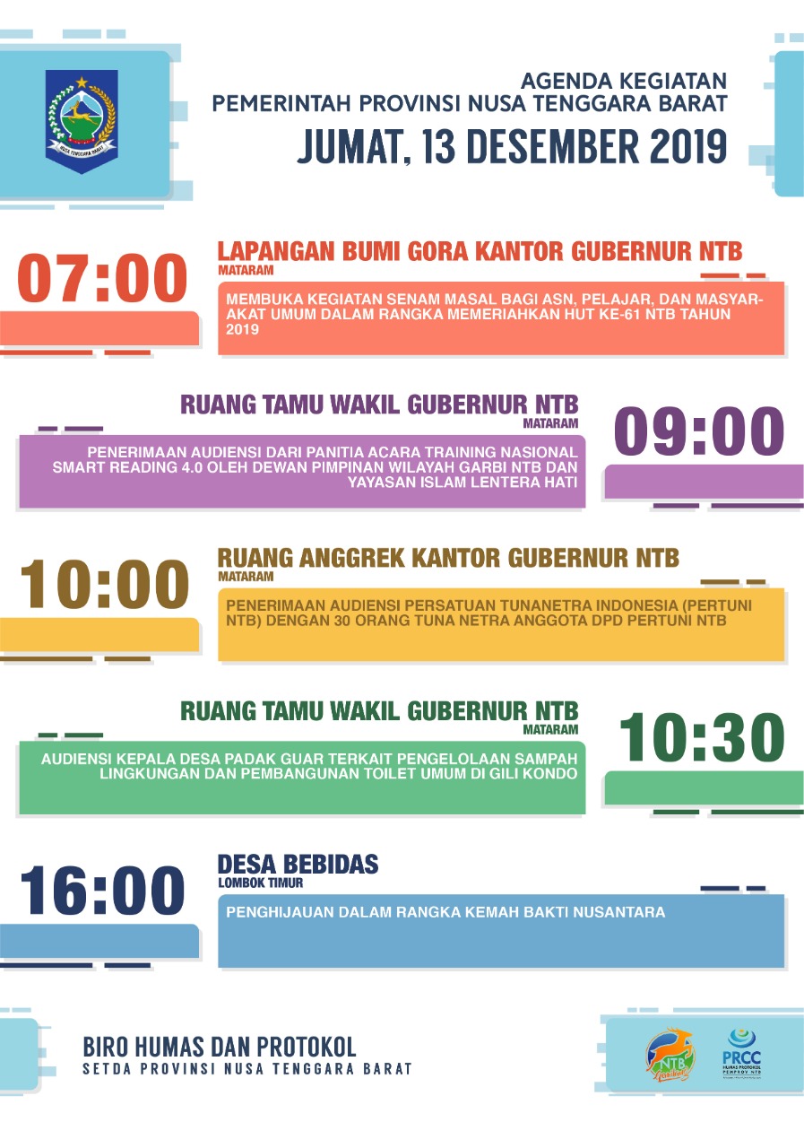 AGENDA KEGIATAN PEMERINTAH PROVINSI NTB, Jum'at 13 Desember 2019