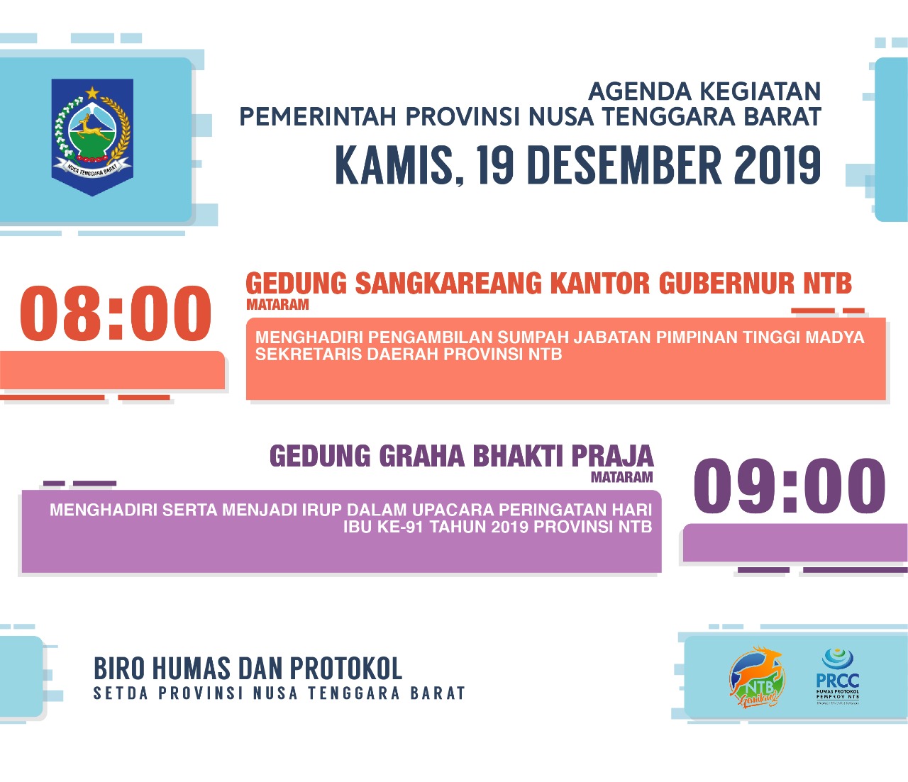 AGENDA KEGIATAN PEMERINTAH PROVINSI NTB, Kamis 19 Desember 2019.