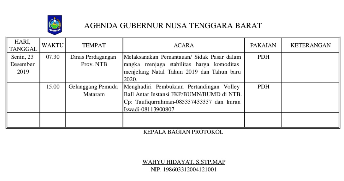AGENDA KEGIATAN PEMERINTAH PROVINSI NTB, Senin 23 Desember 2019.