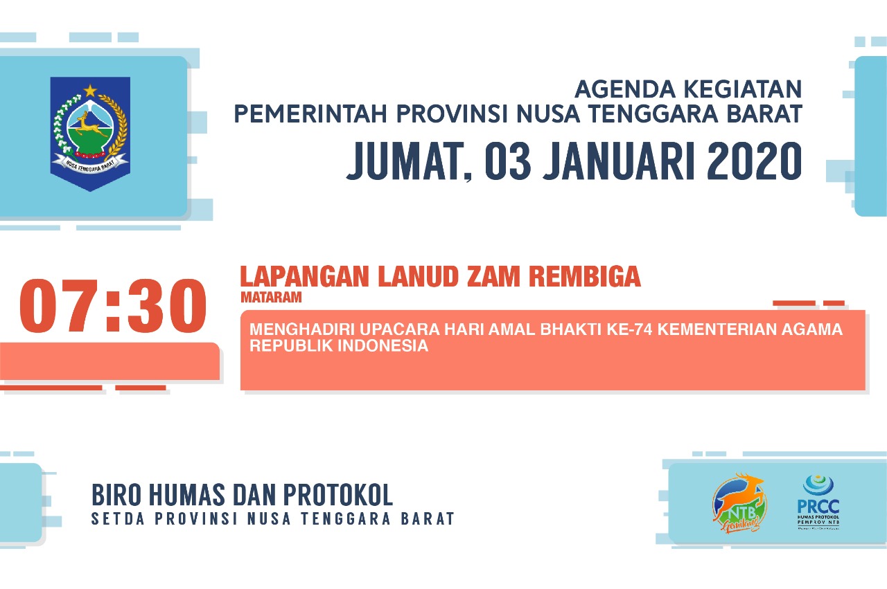 AGENDA KEGIATAN PEMERINTAH PROVINSI NTB, Jum'at 3 Januari 2020