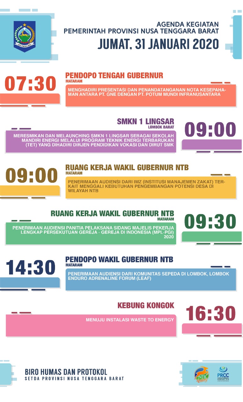 AGENDA KEGIATAN PEMERINTAH PROVINSI NTB, Jum'at 31 Januari 2020