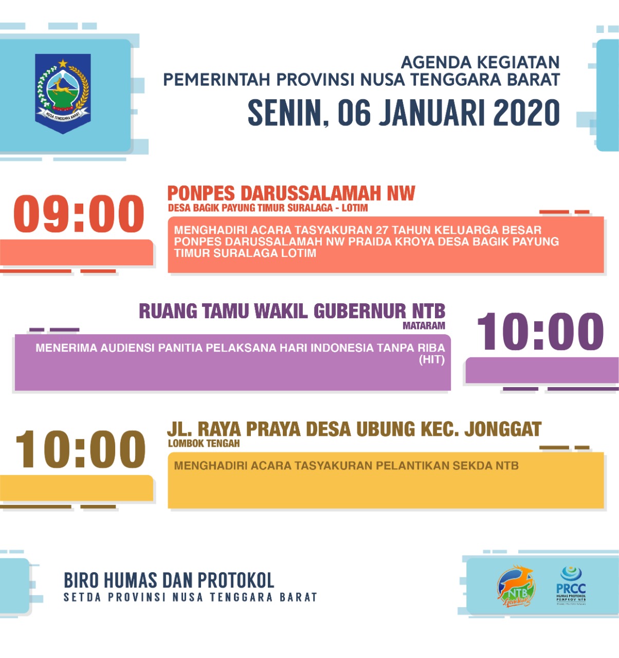 AGENDA PEMERINTAH PROVINSI NTB, Senin 6 Januari 2020
