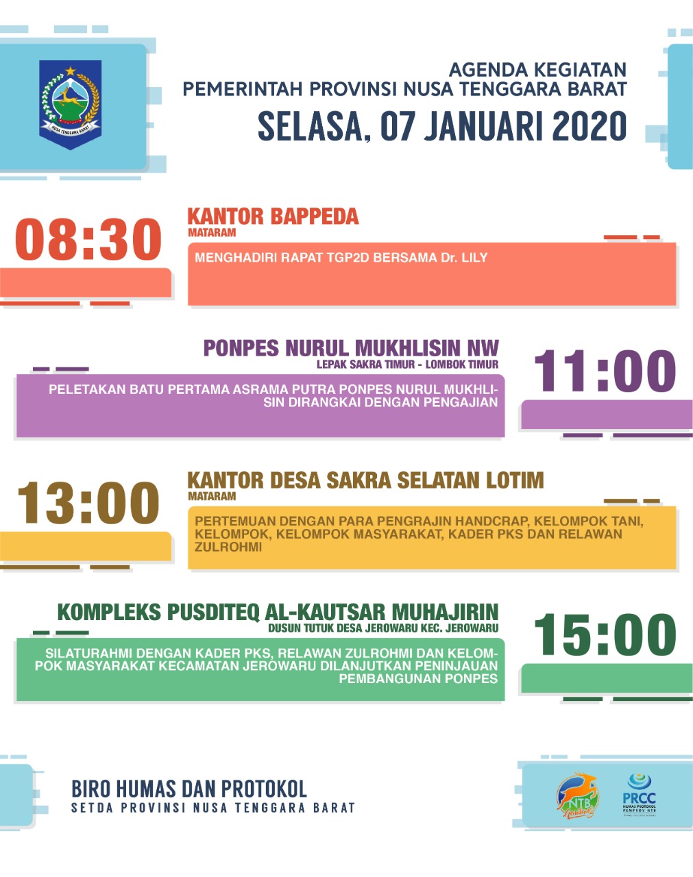 AGENDA KEGIATAN PEMERINTAH PROVINSI NTB, Selasa 7 Januari 2020