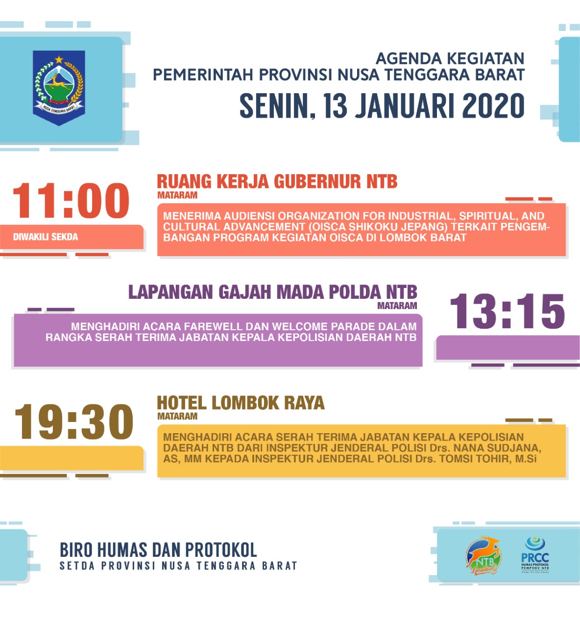 AGENDA KEGIATAN PEMERINTAH PROVINSI NTB, Senin 13 Januari 2020