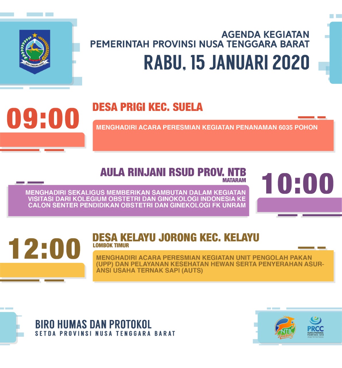 AGENDA KEGIATAN PEMERINTAH PROVINSI NTB, Rabu 15 Januari 2020