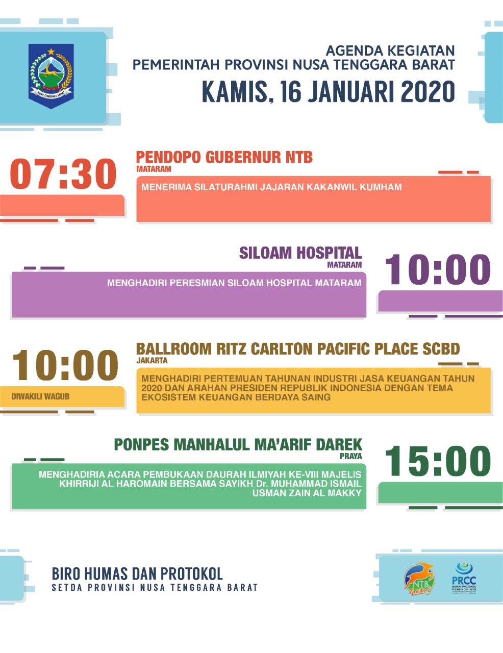 AGENDA KEGIATAN PEMERINTAH PROVINSI NTB, Kamis 16 Januari 2020