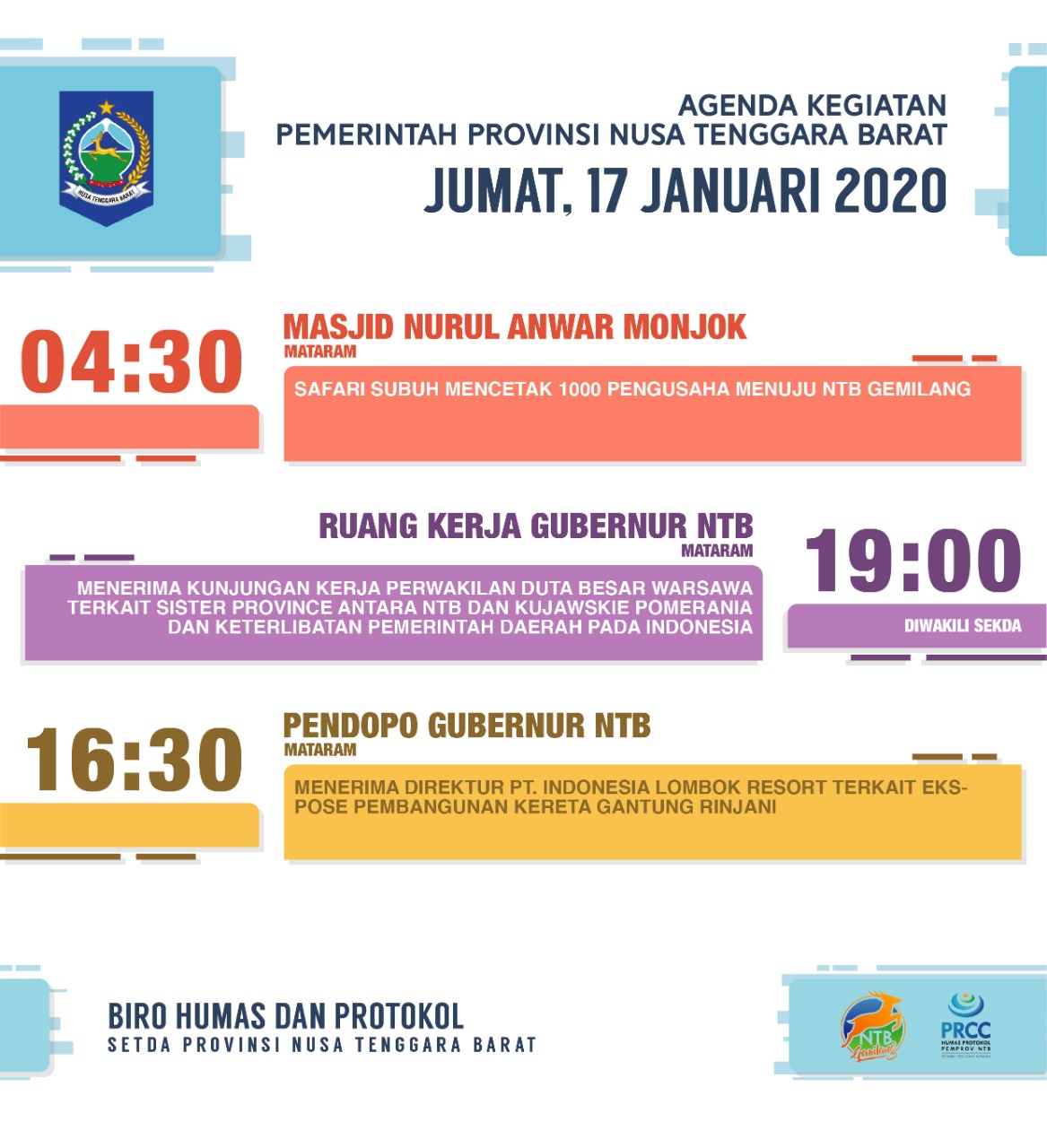 AGENDA KEGIATAN PEMERINTAH PROVINSI NTB, Jum'at 17 Januari 2020