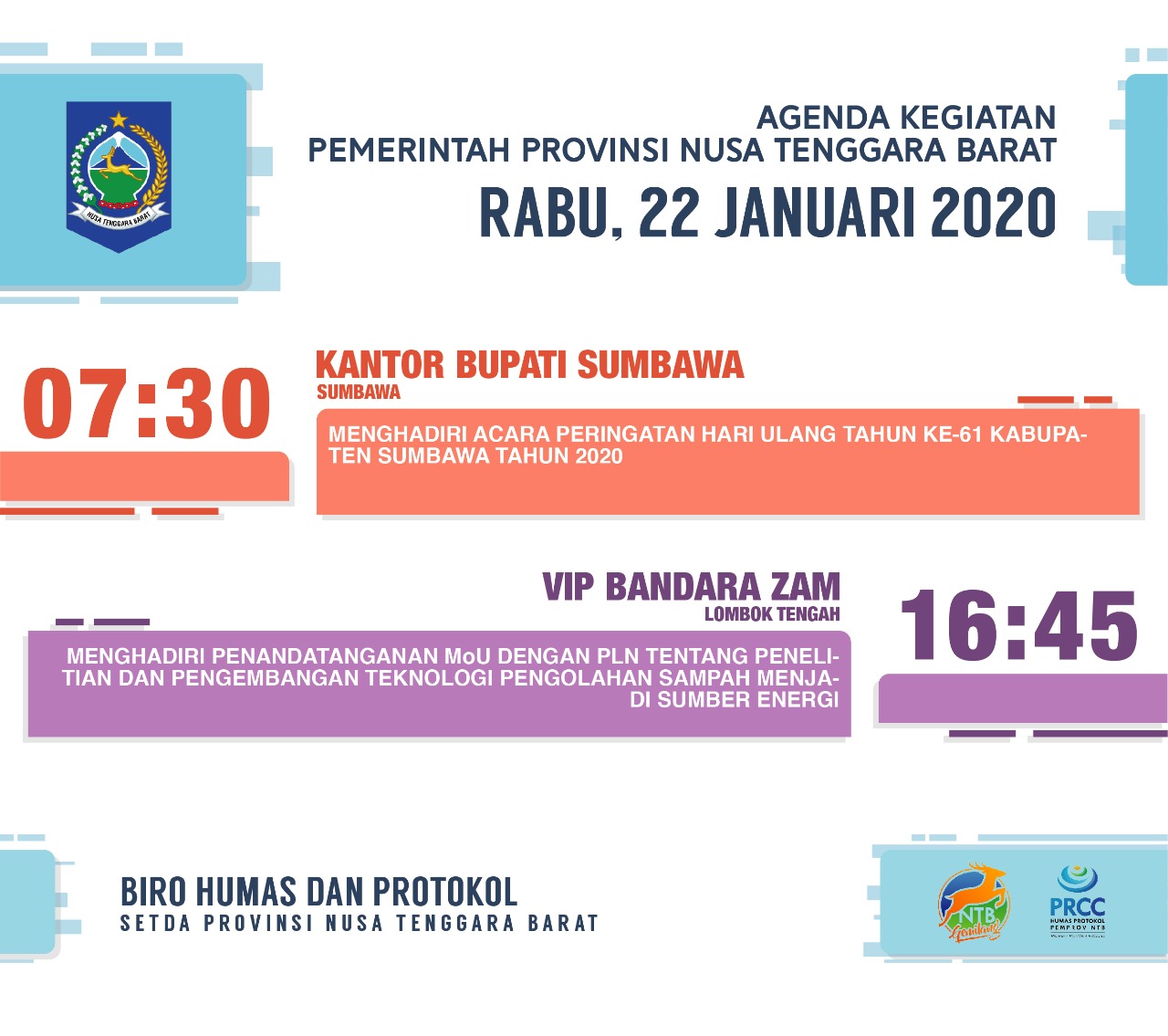AGENDA KEGIATAN PEMERINTAH PROVINSI NTB, Rabu 22 Januari 2020