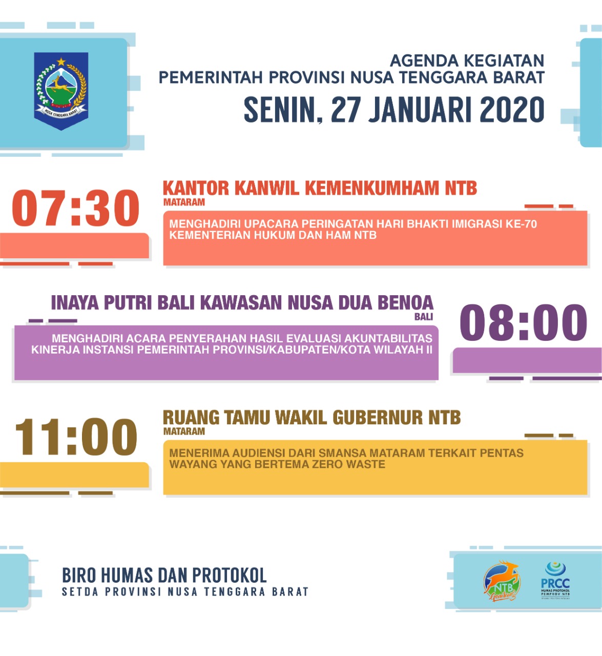 AGENDA KEGIATAN PEMERINTAH PROVINSI NTB, Senin 27 Januari 2020