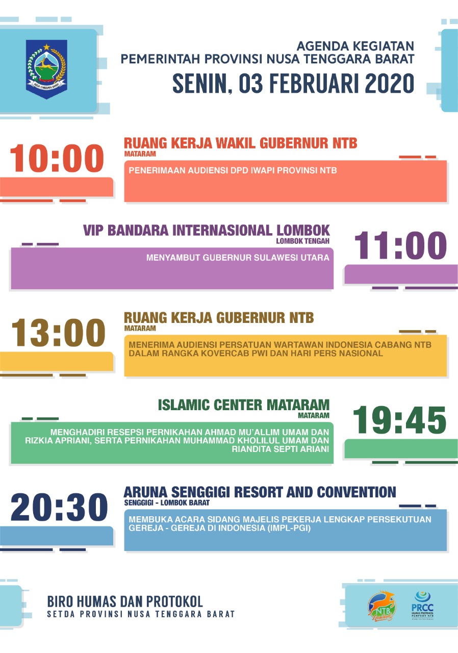AGENDA KEGIATAN PEMERINTAH PROVINSI NTB, Senin 3 februari 2020