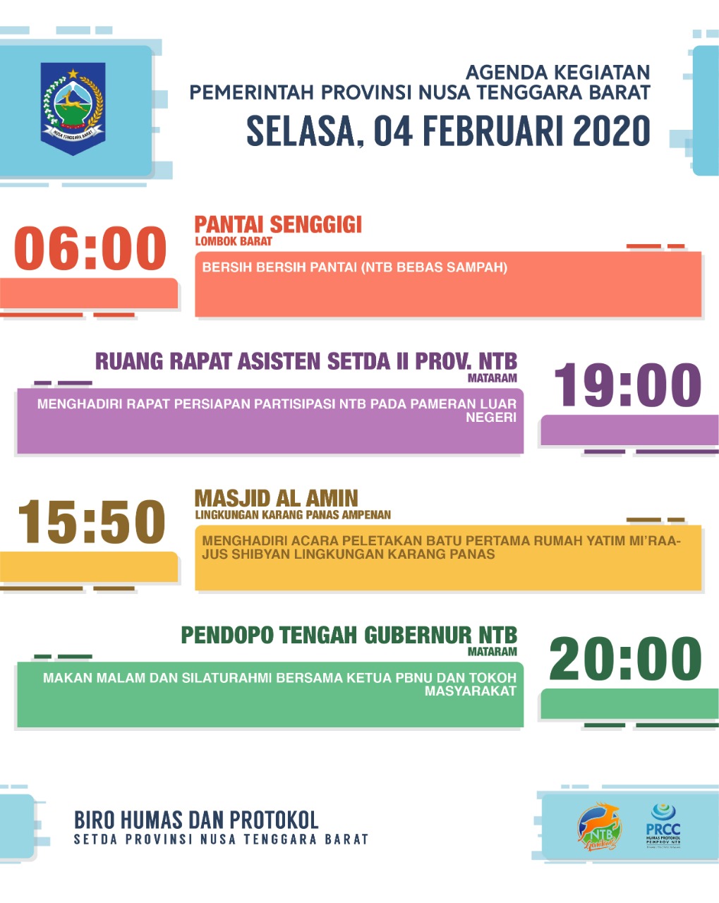 AGENDA KEGIATAN PEMERINTAH PROVINSI NTB, Selasa 4 Februari 2020