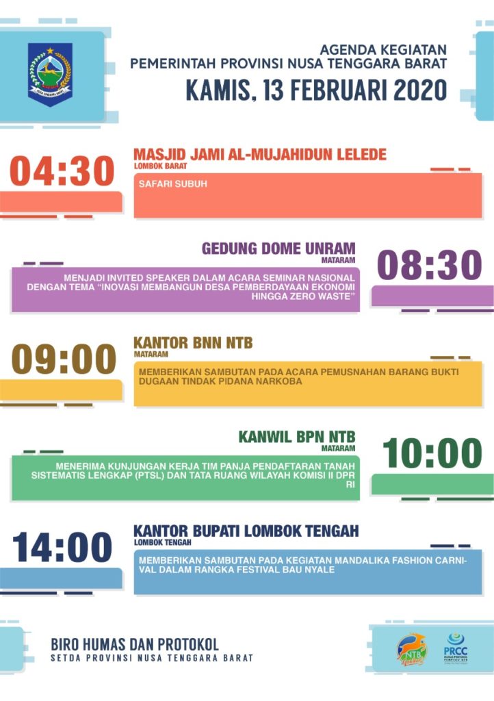 AGENDA KEGIATAN PEMERINTAH PROVINSI NTB, Kamis 13 Februari 2020