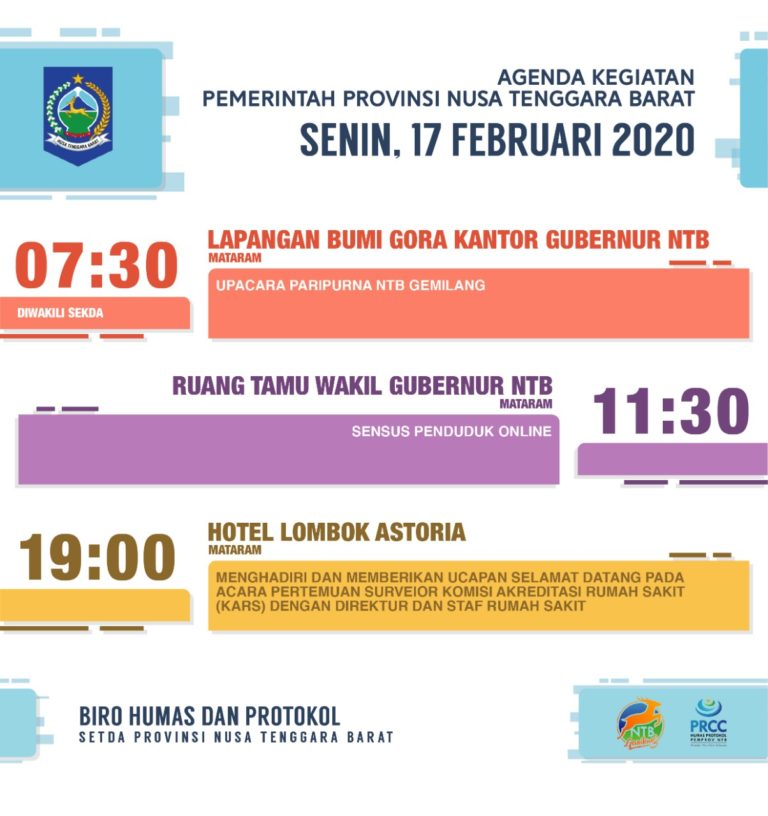 AGENDA KEGIATAN PEMERINTAH PROVINSI NTB, Senin 17 Februari 2020