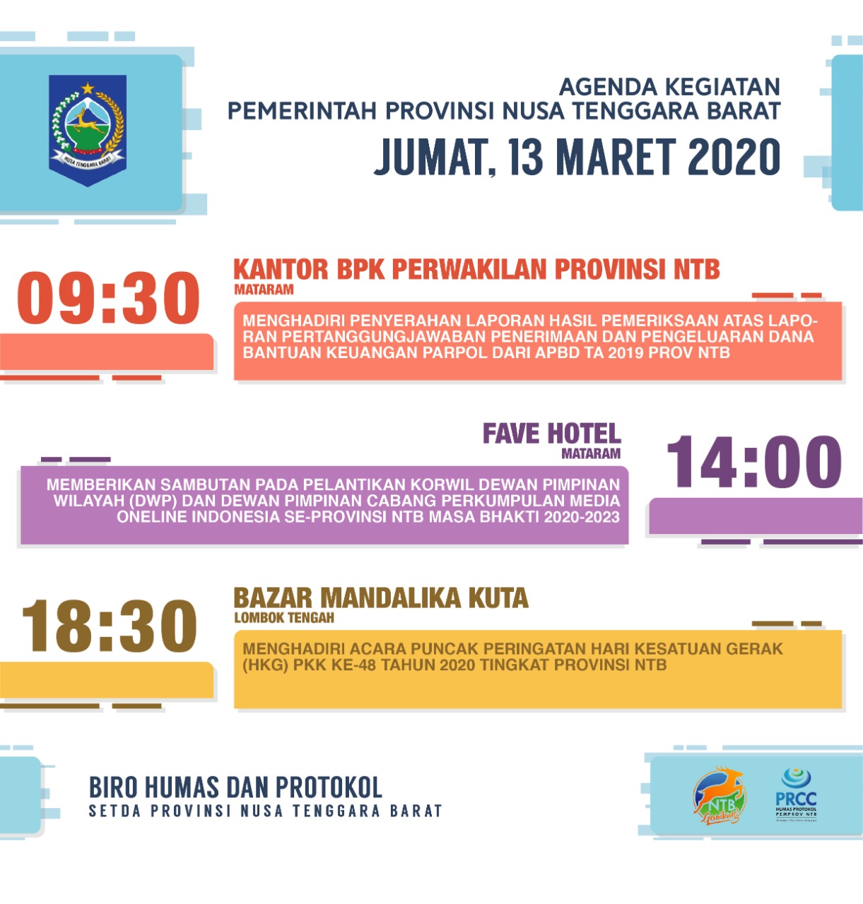 AGENDA KEGIATAN PEMERINTAH PROVINSI NTB, Jum'at 13 Maret 2020