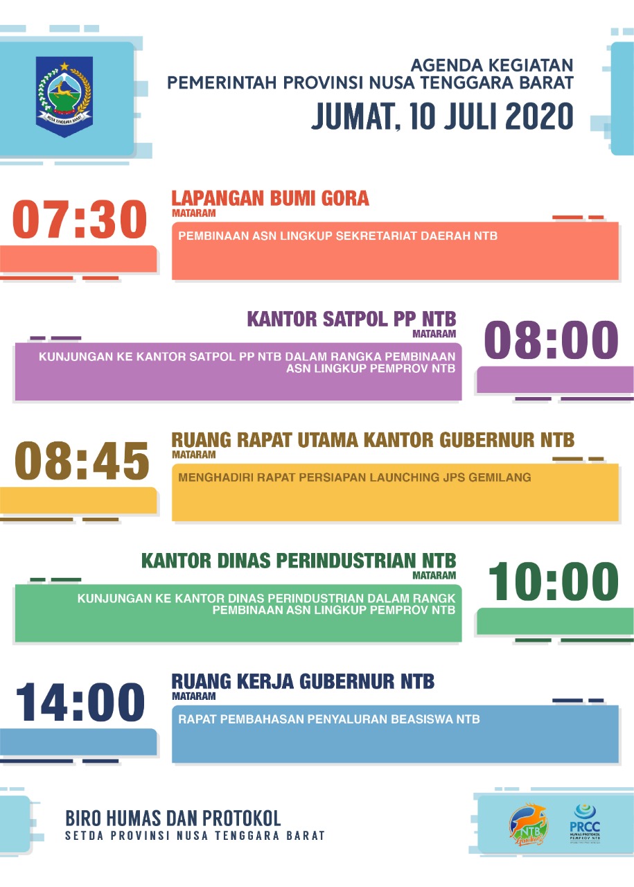 AGENDA KEGIATAN PEMERINTAH PROVINSI NTB, Jum'at 10 Juli 2020