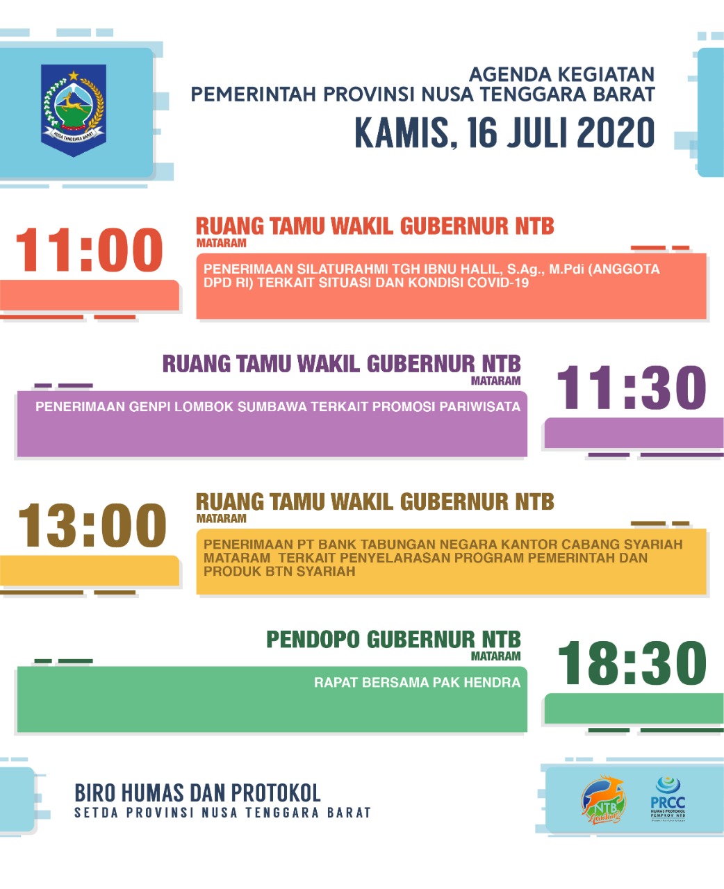 AGENDA KEGIATAN PEMERINTAH PROVINSI NTB, Kamis 16 Juli 2020