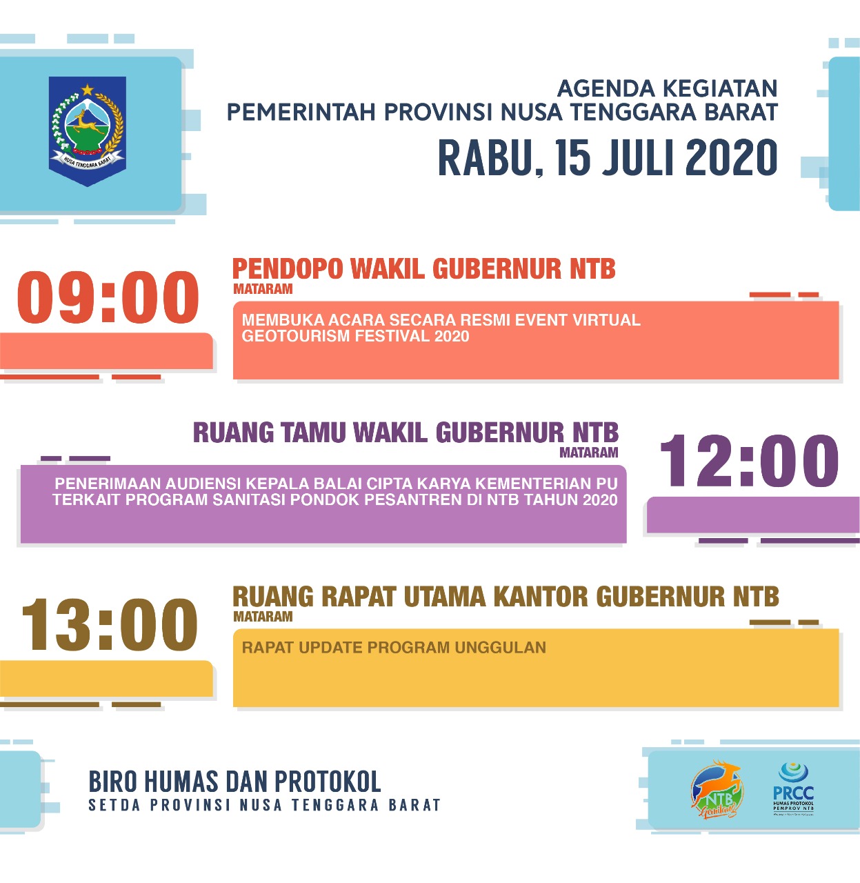 AGENDA KEGIATAN PEMERINTAH PROVINSI NTB, Rabu 15 Juli 2020