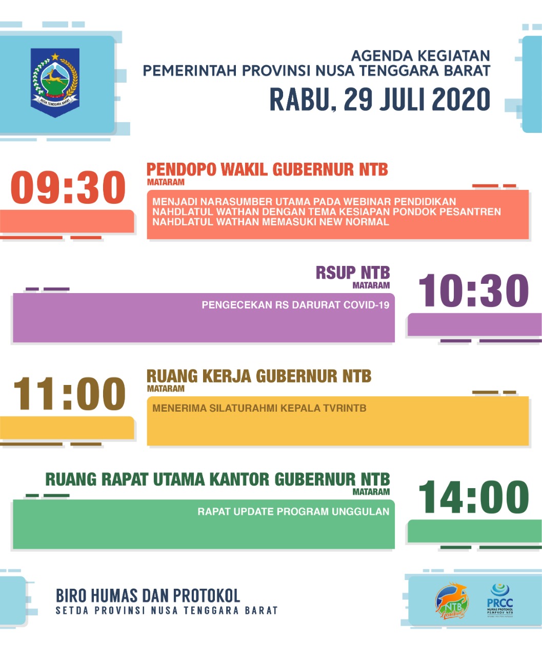 AGENDA KEGIATAN PEMERINTAH PROVINSI NTB, Rabu 29 Juli 2020