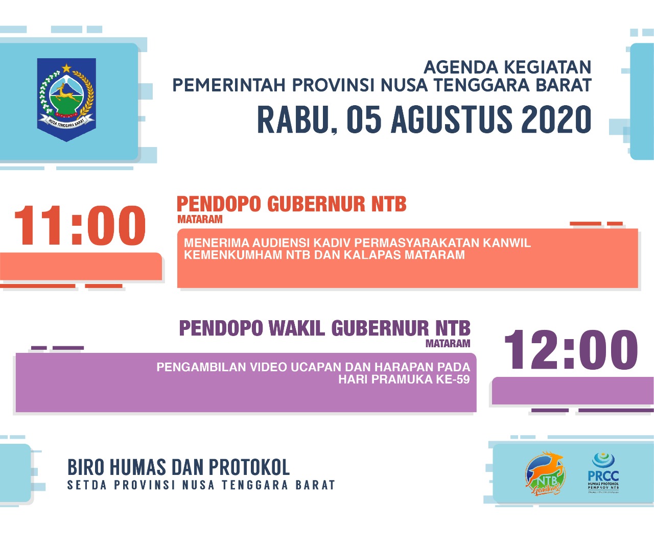 AGENDA KEGIATAN PEMERINTAH PROVINSI NTB, Rabu 5 Agustus 2020