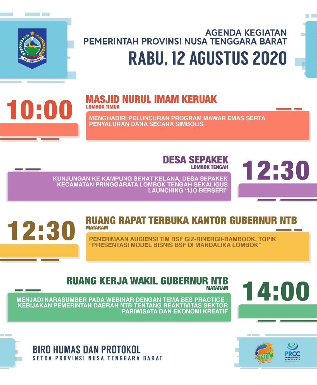 AGENDA KEGIATAN PEMERINTAH PROVINSI NTB, Rabu 12 Agustus 2020