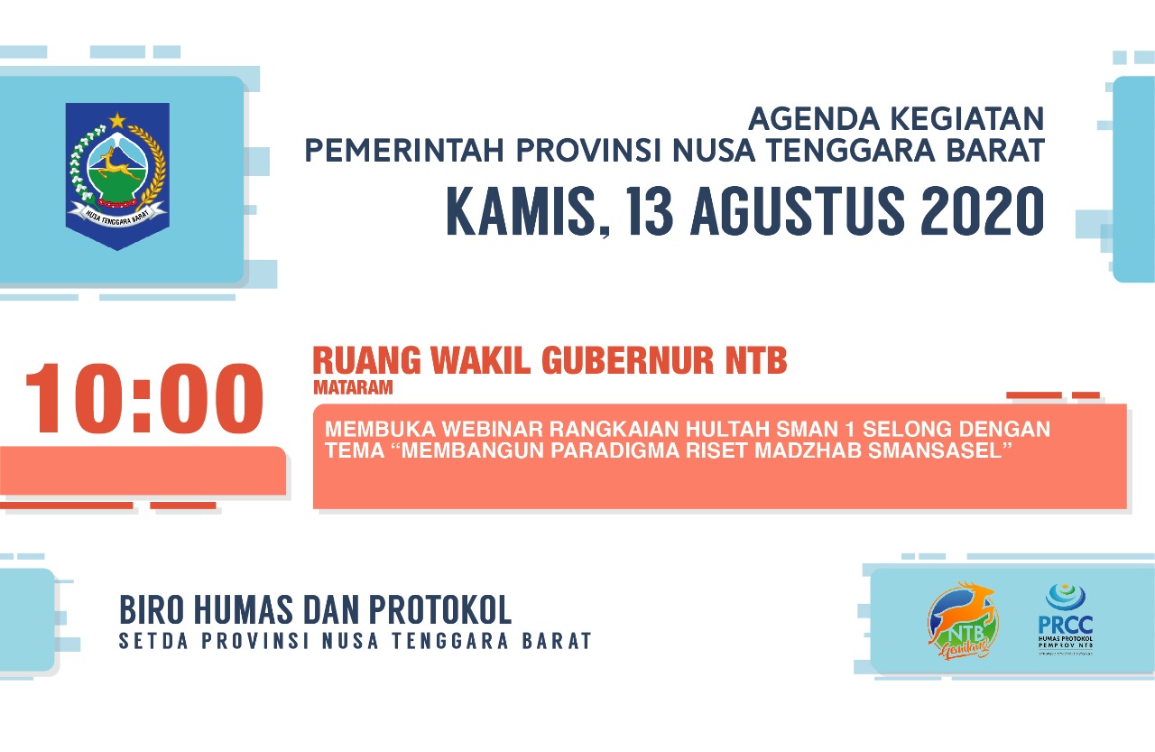 AGENDA KEGIATAN PEMERINTAH PROVINSI NTB, Kamis 13 Agustus 2020
