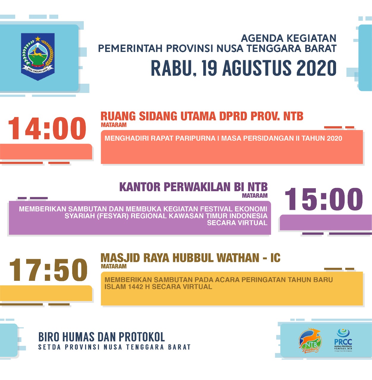 AGENDA KEGIATAN PEMERINTAH PROVINSI NTB, Rabu 19 Agustus 2020