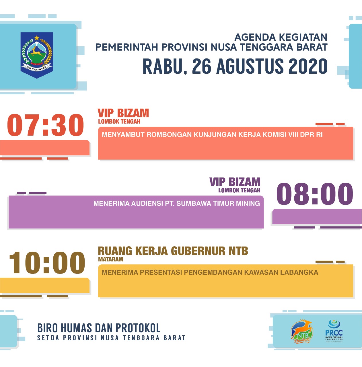 AGENDA KEGIATAN PEMERINTAH PROVINSI NTB, Rabu 26 Agustus 2020