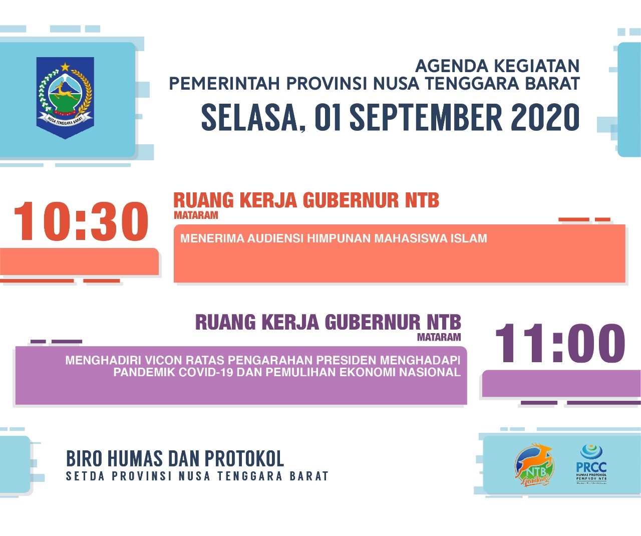 AGENDA KEGIATAN PEMERINTAH PROVINSI NTB, Selasa 1 September 2020