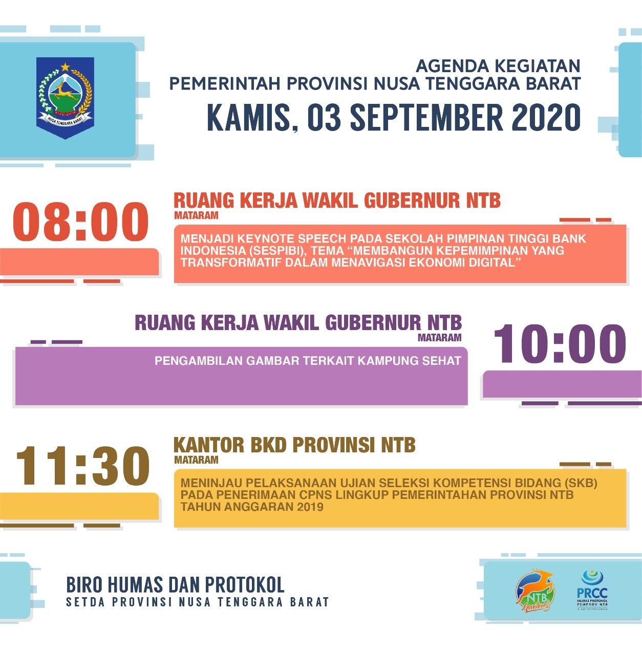 AGENDA KEGIATAN PEMERINTAH PROVINSI NTB, Kamis 3 September 2020