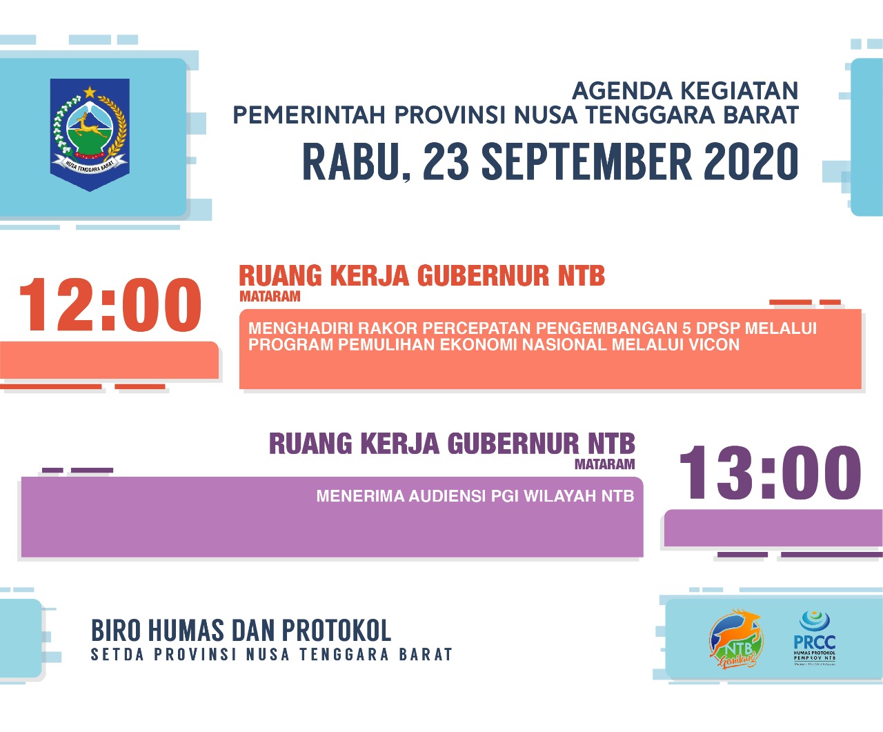 AGENDA KEGIATAN PEMERINTAH PROVINSI NTB, Rabu 23 September 2020