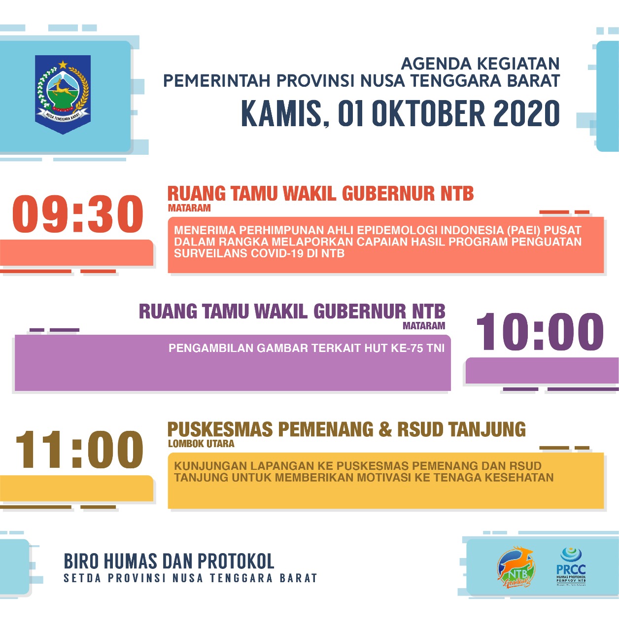 AGENDA KEGIATAN PEMERINTAH PROVINSI NTB, Kamis 1 Oktober 2020
