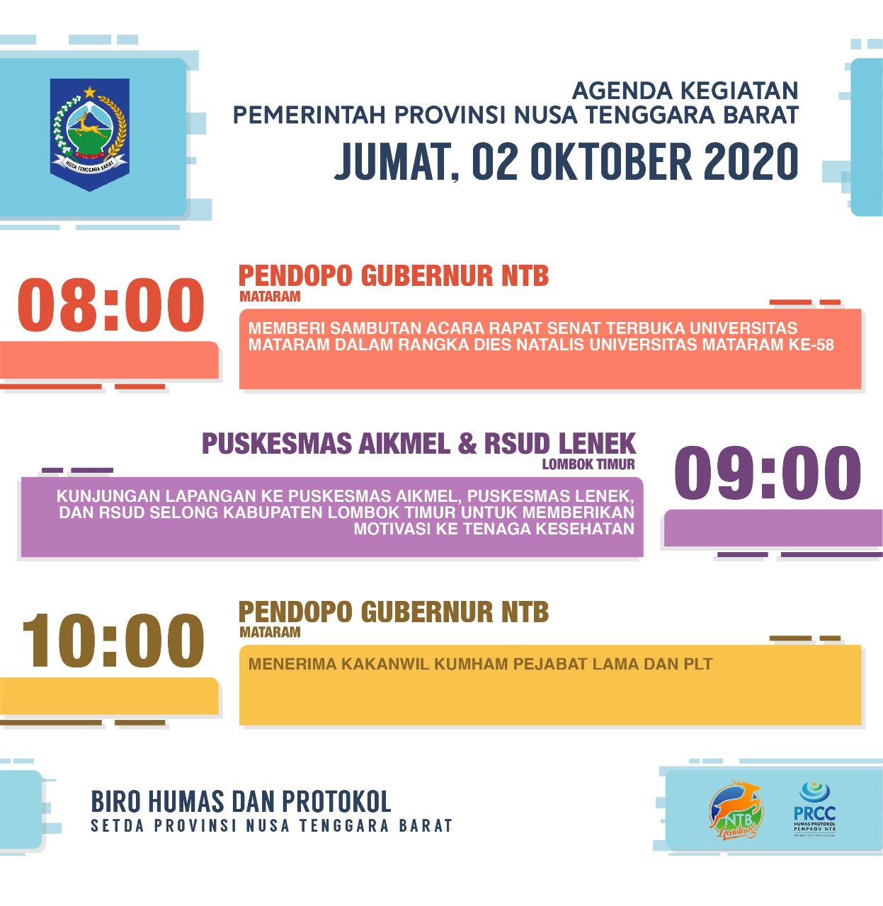 AGENDA KEGIATAN PEMERINTAH PROVINSI NTB, Jum'at 2 Oktober 2020