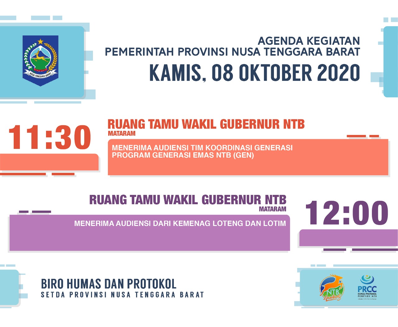 AGENDA KEGIATAN PEMERINTAH PROVINSI NTB, Kamis 8 Oktober 2020