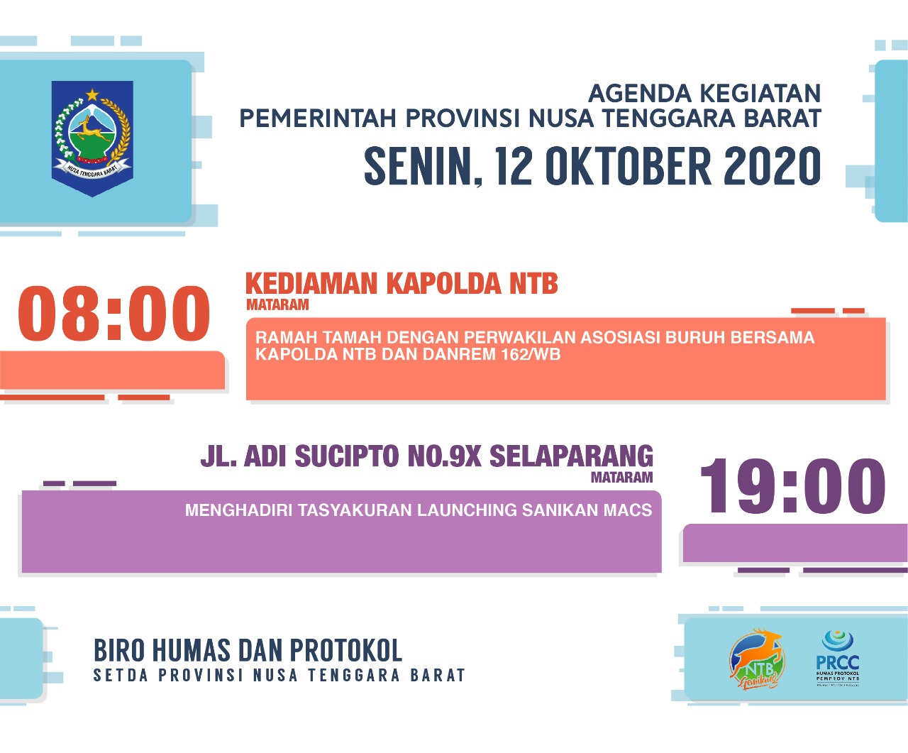 AGENDA KEGIATAN PEMERINTAH PROVINSI NTB, Senin 12 Oktober 2020