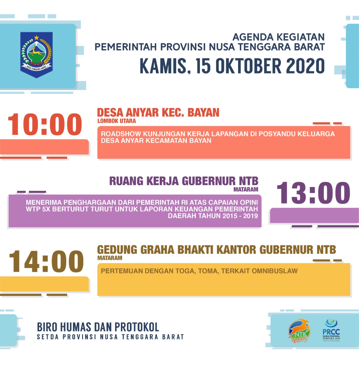 AGENDA KEGIATAN PEMERINTAH PROVINSI NTB, Kamis 15 Oktober 2020